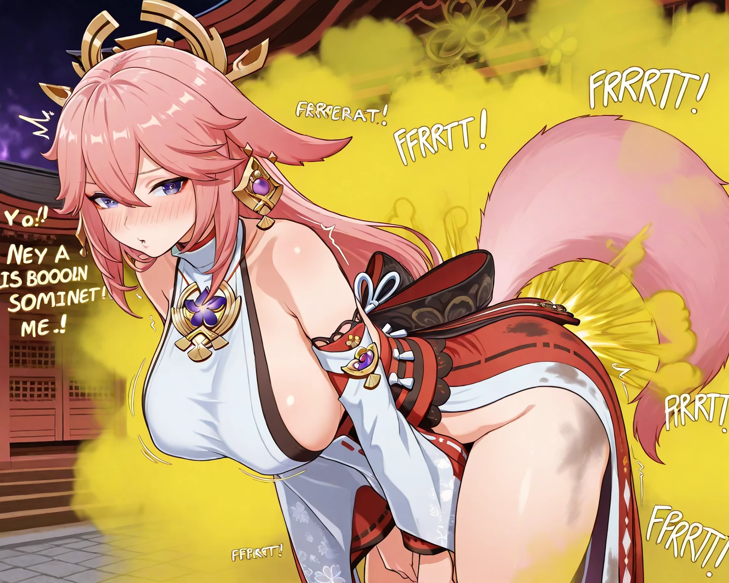((best quality)), ((masterpiece)), (detailed), (fantasy illustration:1.3), cute fox girl, kitsune, fox, cute girl, small breasts, shy, embarrassed, blush, tails, tail, pink hair, purple eyes, perfect body, magical white kimono with red details and red skirt, bare shoulders, bare legs, full Moon background, (detailed cloudscape:1.3), (high-resolution:1.2)