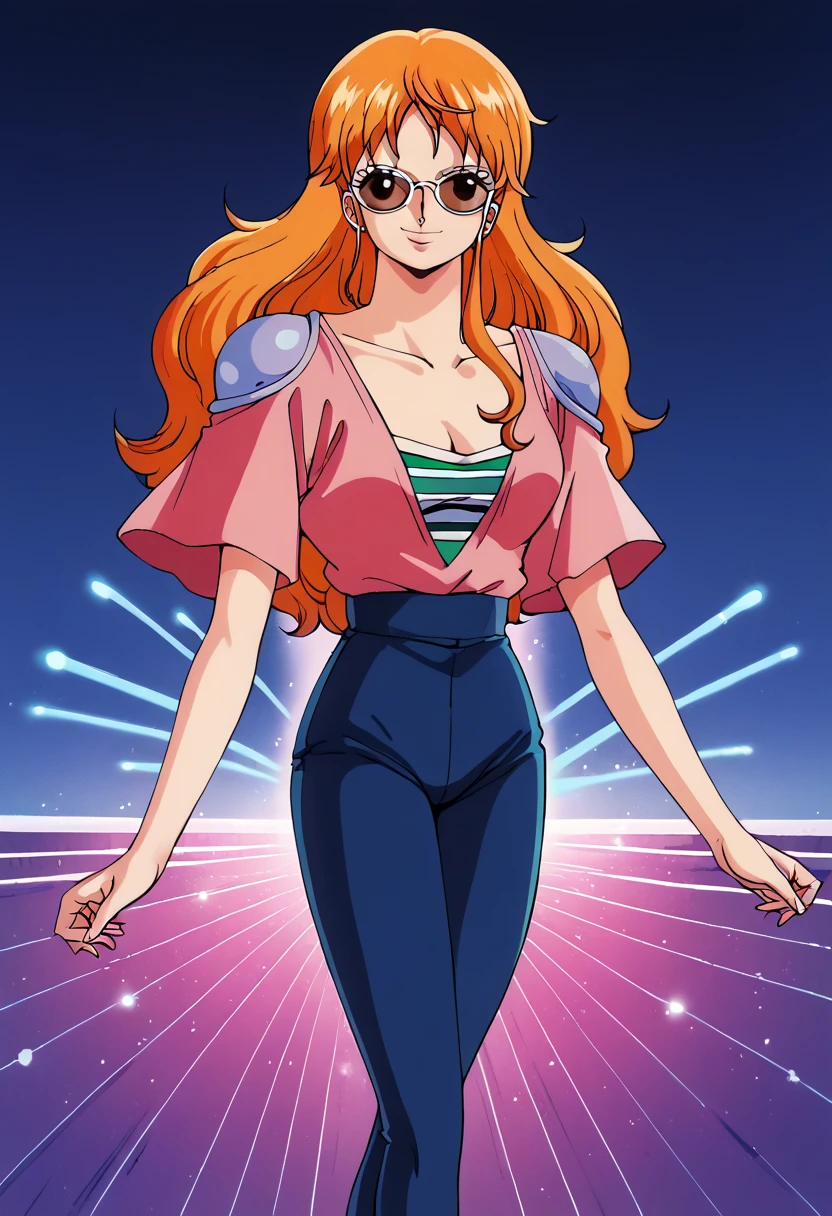 1980s \(style\), high aesthetic,masterpiece,best quality,highres,detailed background, indoors, 1girl, red hair, big fluffy hair, celebrity, 1980s,cyndi lauper, dress, makeup, dancing, wavy hair. sunglasses, smile, (big hair:1.2),<lora:cyndi_lauper_80s_v1.0:0.9>, straight hair,