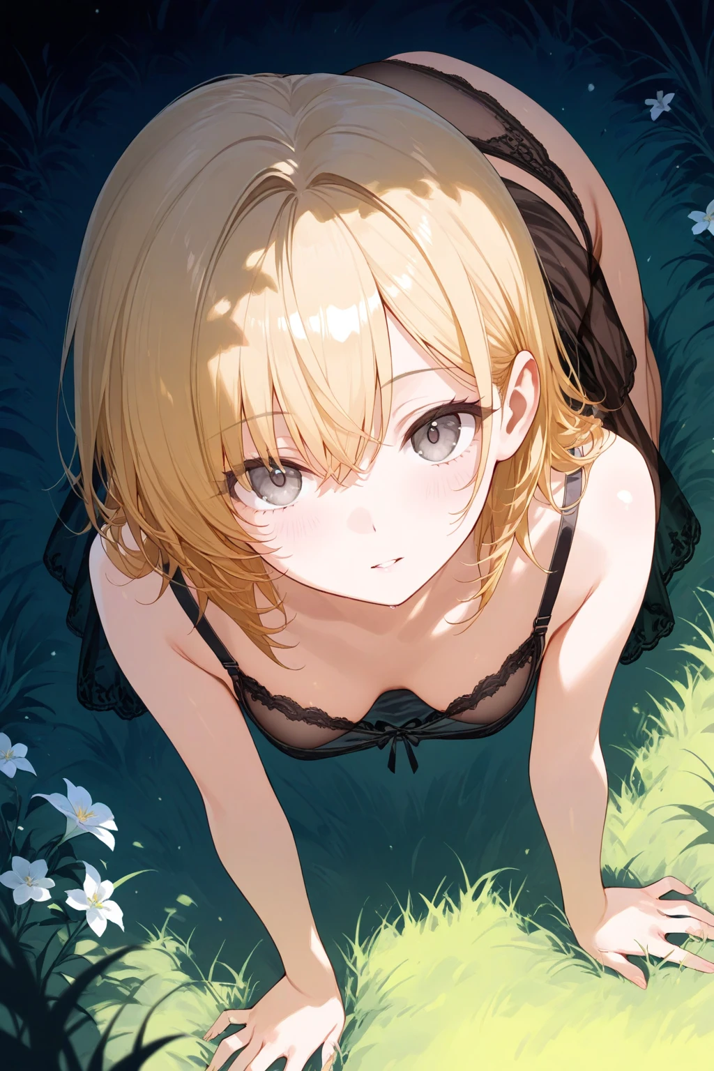1 chica, by the chestnut, Brown eyes, bangs pulled back, pechos grandes, caderas y piernas hermosas y contorneadas, de espalda, squatting, pose sexy, ver de lado, orejas de animales, cola de animal, lingerie, :3, presumido, al aire libre, cielo nocturno, luna, bamboo,
