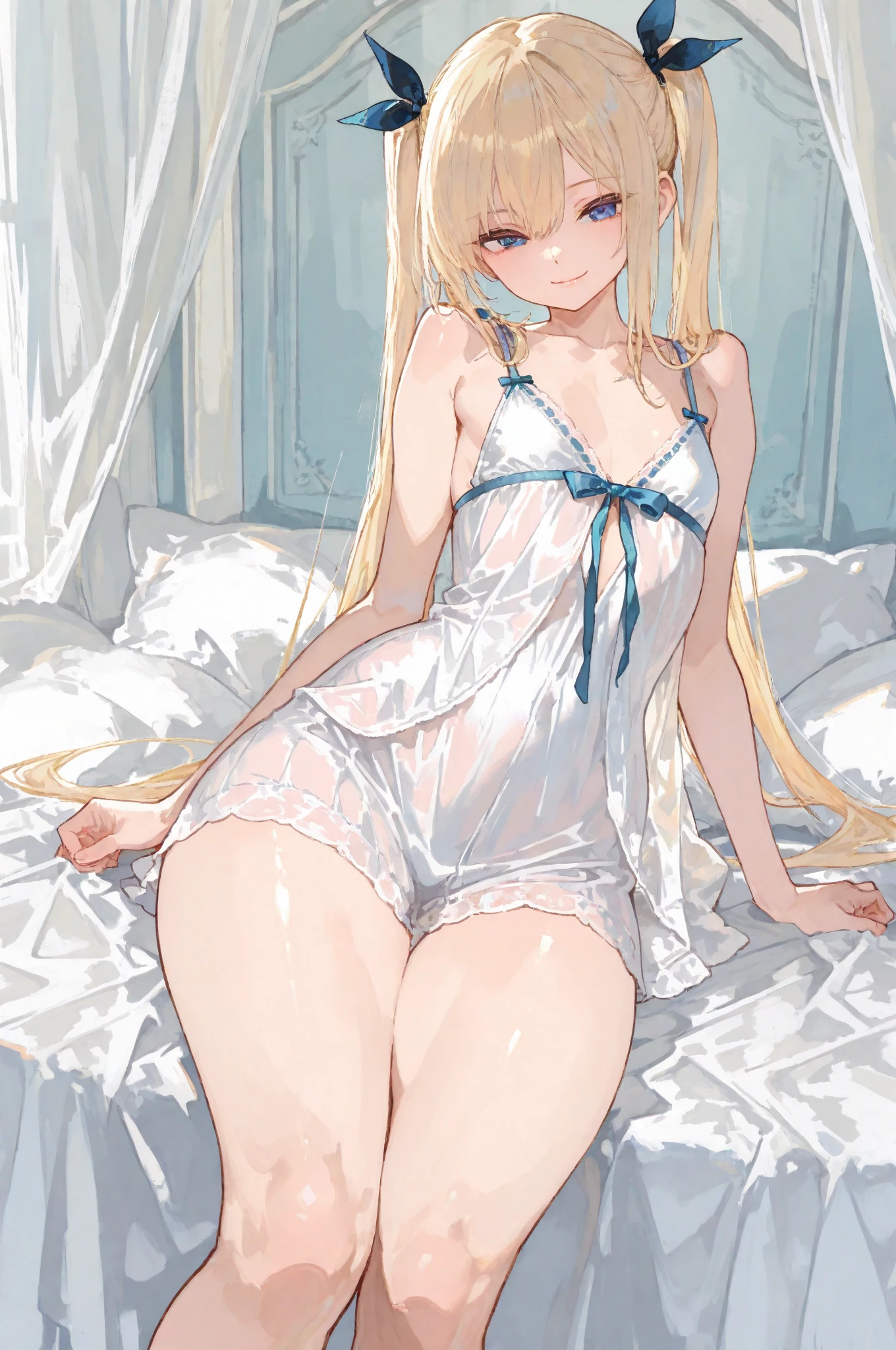 barbara_genshin, blonde_hair, blue_eyes, twintails, bangs, long_hair, drill_hair, twin_drills, blush, white_headwear, hair_ornament, naughty pose, A young girl with small breasts in a transparent nightgown sleeping on a bead, sleeveless, (slender body), bare chest, ((small breasts)), (perky tits), a picture、realisticlying、top-quality、adopt、A detailed face, extreme detailed, 细致背景、diffuse sunlight、depth of fields、Bokeh、embarrassed expression, smile, closed mouth, upper body portrait, see-through, the bow, ((glossy lips)), ((Skin shiny with sweat)), detailed skin, narrow shoulders