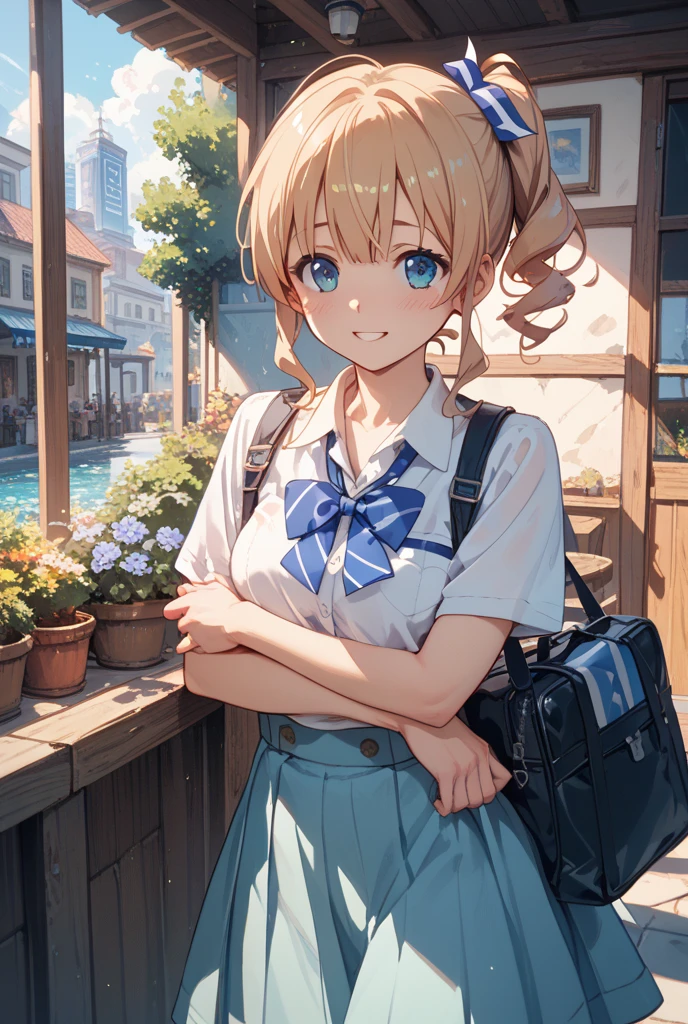 (Highest qualityのイラスト:1.2), (cute女の子:1.1), (1 girl、17 years old、Highest qualityのイラスト:1.2), (1 girl、Kind eyes、blue eyes:1.2)、Blonde、Semi-long hair、Mature、(Highest quality、Very detailed、cute、Ultra-high resolution) 、High School Uniform｛White Sailor Suit、Short sleeve、Pleated skirt with red plaid pattern)、Outdoor、blue sky