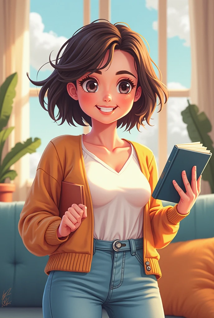 Artsy illustration style. Woman stands in a library smiling.