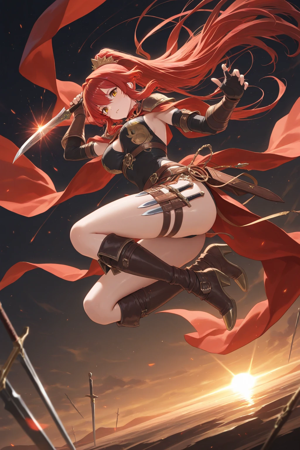 (masterpiece),(best quality),(ultra-detailed),(best illustration),(best shadow),(absurdres),(detailed background),(very aesthetic), wizzard, short hair, red hair, ((twin tail)), red eyes, cloak, red_ornamentedium_tits)), exposed belly, 1girl, legs exposed, strikes, Perfect face, short skirt, knee socks,add_detail:1, add_detail:0, add_detail:0.5, moody light，and the sun was shining brightly，8k，hyper-detailing, ((staff_weapon)), from behind, ass, looking back, thong