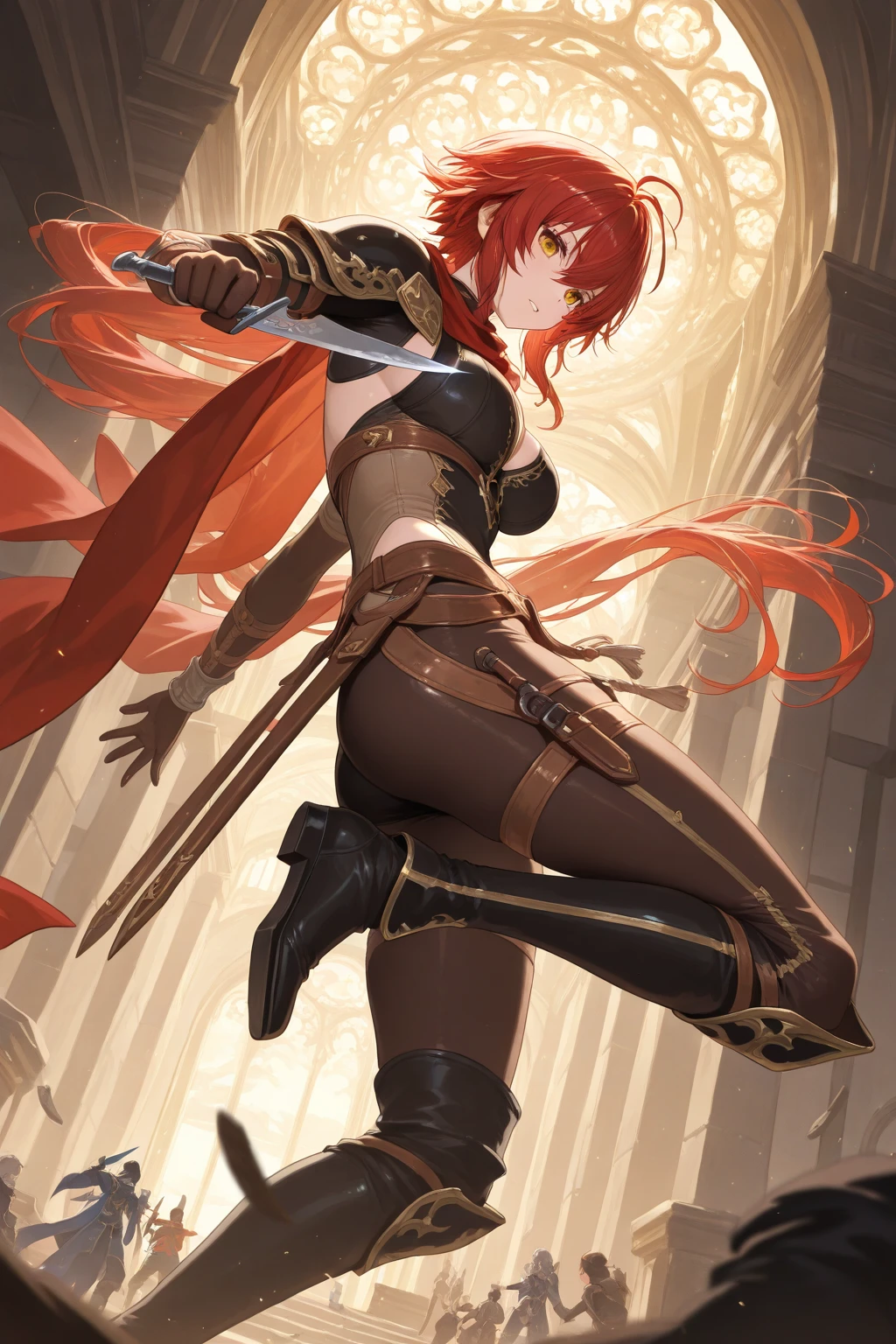 natasha_radinov_v1, caramel-apple-spiked hair, black coat, black pants, white t-shirt, brown belt, athletic, long sleeves, 1girl, hands on hips, knight, lance, full armor boots, huge breast, pirate costume, pirate hat