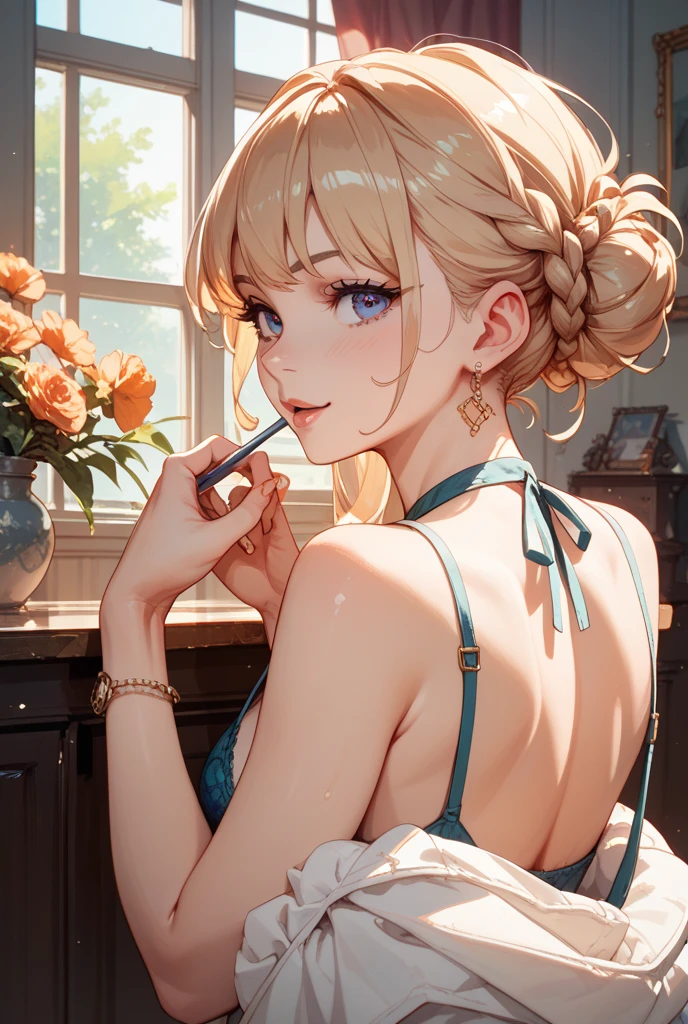 (from below:1.2),22 year old beautiful girl,Purplish blue eyes that dreamers desire,(Blonde hair) ,Longhaire,Twin-tailed,Braids, Hairline,small stature, (masutepiece:1.2, Best Quality),(finely detailed beautiful eye: 1.2),(beautifull detailed face),(perky chest:1.1),(pointed chest:1.2),(cakes magazine cover:1.5),(Best Illumination, extremely delicate and beautiful),sexy pose, in a bar counter,Ultra Contrast,Braid a little around the ears, White long dress, (very detailed),(Raw photo, highest quality),(realistic, Photoreal:1.3), high detail, very detailed complex 3D rendering of face, (very detailed skin:1.2), dynamic angle, fire glow effect, professional lighting, side light, cinematic light, a super high resolution, 8K , best shadow, particles of light, Fine skin texture, detailed face, intricate details, Super detailed, shine, Please reconsider, full body,, beautiful face, shiny skin, thin, nice companion, delicate body, thin legs, naked apron, ((crawl on all fours:0.9)), beautiful back, butt,little turn around, (A picture from a very front:0.7), bend the body, the skirt is floating in the wind:1.4, Dark purple panties, thin Pubic hair ,highest quality, high resolution, Real World, Natural light, perfect Natural Light,Realistic, (cute, perfect clothes, cute: 1.3) ,narrow waist,(with sparkling eyes and a contagious smile), open mouth, looking at viewer,