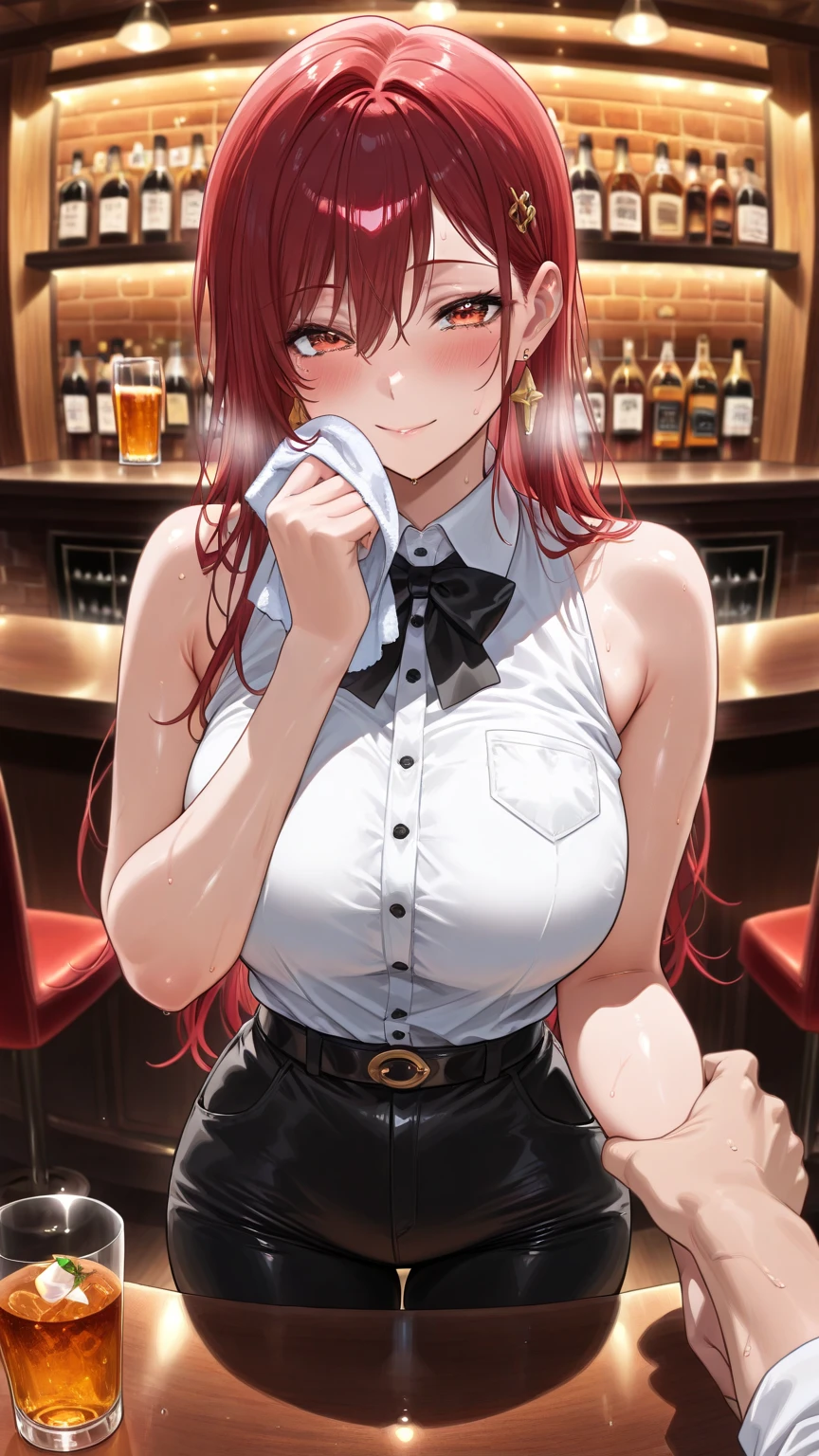 anime girl with big boobies drinking a glass of wine, with a drink, seductive anime girl, at a bar, drinking at the bar, in a bar, holding a drink, sitting at the bar, drinking beer, anime girl drinks energy drink, beautiful alluring anime woman, in a pub, sultry smirk, anime visual of a cute depressed crying girl