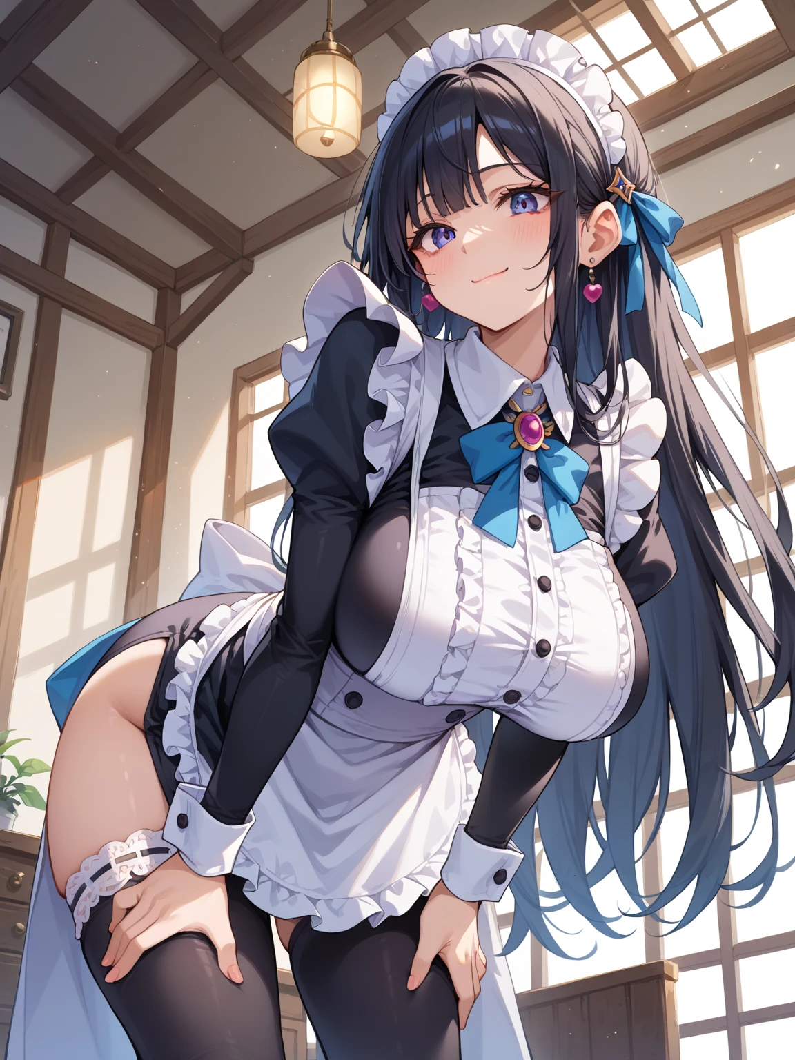 schoolgirl, dark hair, cute, pregnancy, belly, big breasts, nice lingerie, perfect face, blue eyes, french maid, hand up lace skirt, underskirt view, skirt, raised leg, domineering look, view between the legs, lace panties, panties visible, hands on the edges of the skirt, panties peeking out, view from the under of the skirt, belly, lace lingerie, panty view, sexy girl, smile, teasing look, in toilet --auto --s2