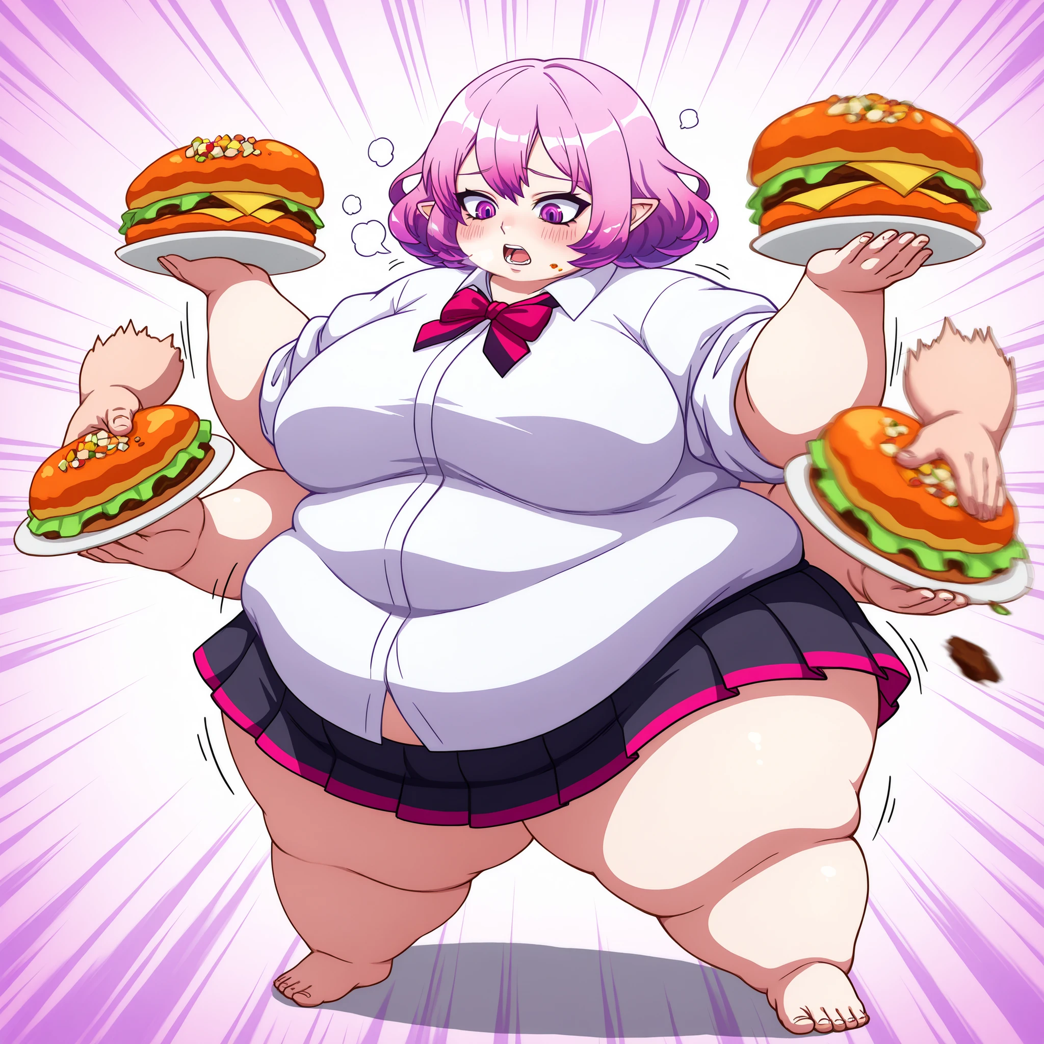 (masterpiece, best quality), 1girls, big belly, blurry background, huge belly, art by kipteitei, round belly, chubby, curvy, pink pony tails, red mini skirt, black and white striped thighhighs, simple_background, gradient_background, belly bursting out of white long sleeved reglan tee shirt ,(((black and white long sleeve tee shirt))), wearing a black and red crown , enormous belly, fat belly, thicc, bigger belly, really big belly, jiggly belly, giant huge belly, big enormous belly, ((((gigantic belly)))), bloated belly, fat belly, ginormous big belly, expanding big belly, sfw, safe for work, kneeling on bed, sfw (safe for work), perona , (((a person out of frame is feeding her cake, cake is being shoveled into her mouth, her lips are closed around a slice of cake, a platter of cake, she has her mouth open wide f))), sweating, blushing, (mouth open wide, she is saying aaah), ((her belly is being grabbed and played with by floating hands)), she is wearing red tall laced up boots, wearing red cloak