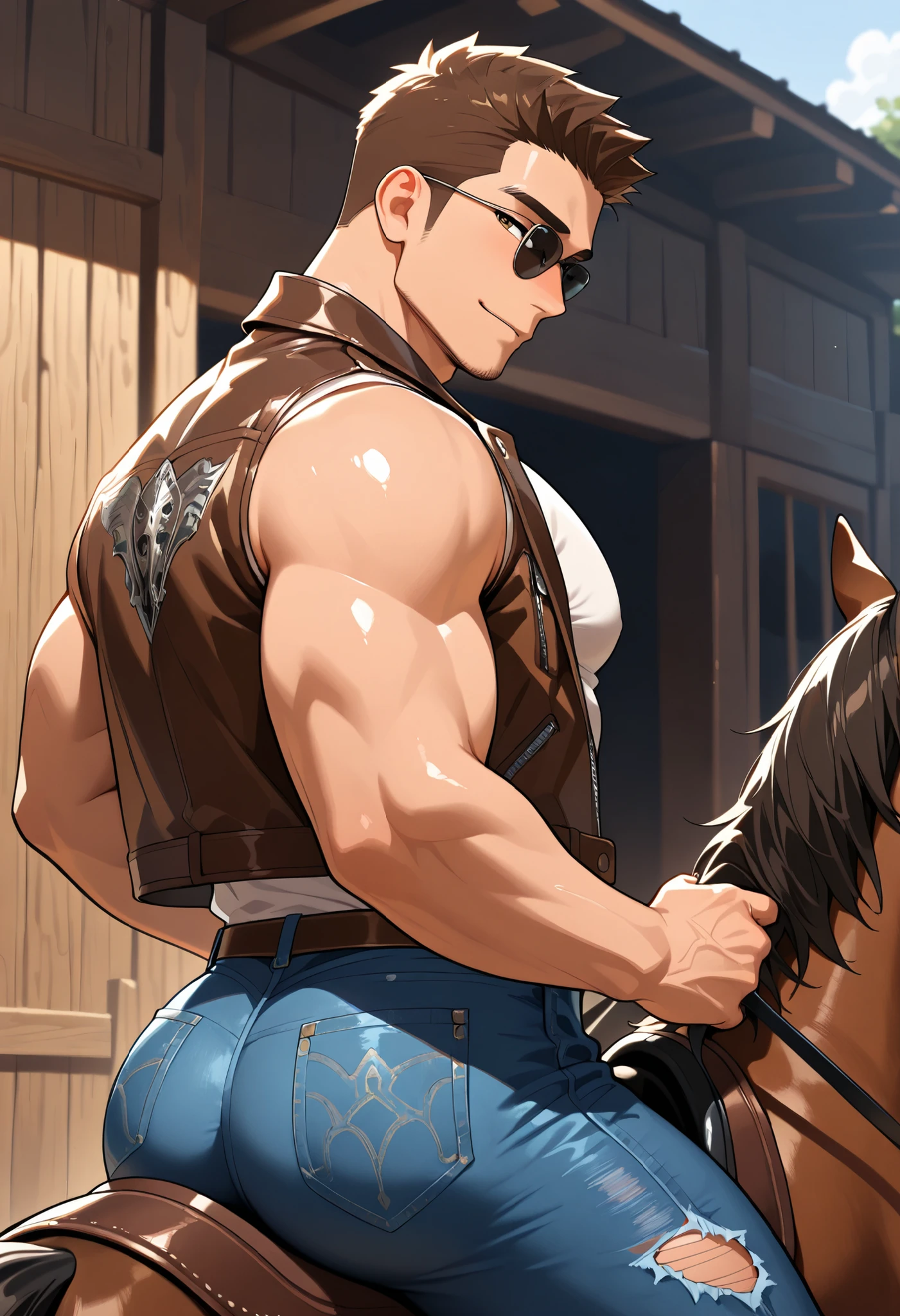 (((Only male))), solo, gay, handsome, muscular, big pecs, asian skin, brown hair, Blusher, brown eyes, short hair, seductive look, ride on a horse, in the western village, cowboy, sunglasses, leather jacket, white sleeveless shirts, torn jeans, big hip, look back, masterpiece, outdoor, daytime, VERY DETAILED,  Exquisite details, detailed background 