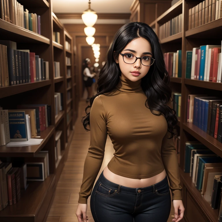 Stunning beautiful lady,Best quality, masterpiece, ultra high res, (photorealistic:1.4), raw photo, 1girl, flowing long satin pant, ((rounded hips, protruding butt)),long flowing pant, library, ponytail, long sleeve shirt tucked in, belt, glasses, fair dark skin,