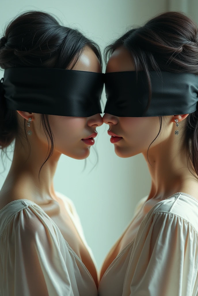 Make me two bodies with two different feminine faces, good side and bad side, very well lit side with a serene appearance, with a black halo and a very dark bad side with a blindfold, with a serious expression, with a golden shining halo, de costas um para o outro, 