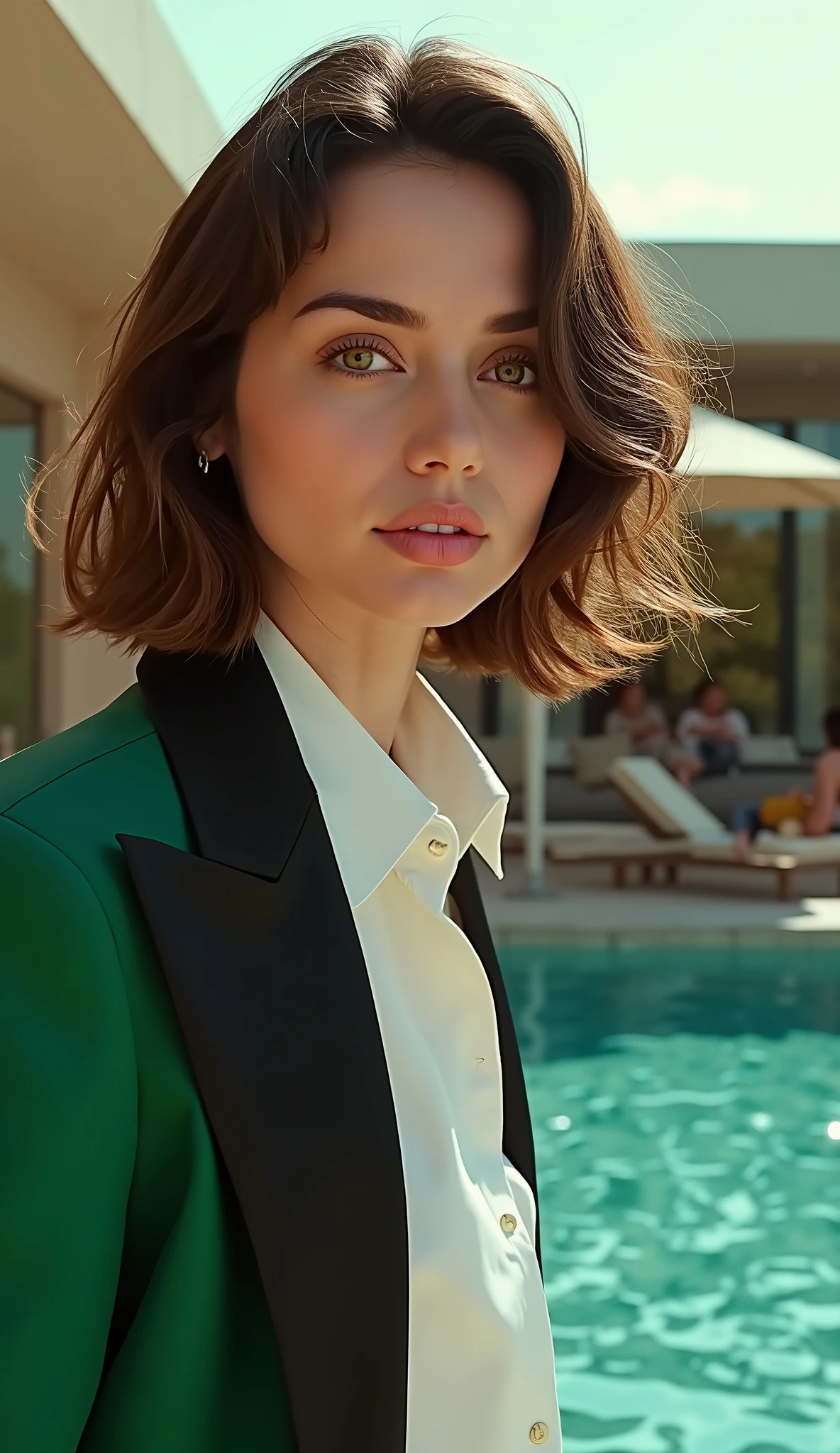 Hyperrealistic Ana de Armas wearing a green jacket with black details and white shirt, Only the face in high quality, super realistic background of half a house and the other half a totally luxurious pool and people in 8k maximum quality
