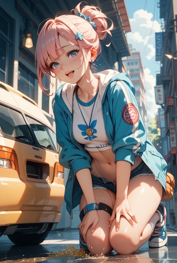 (masterpiece, best quality), 1girl, Turquoise blue Mohawk with Shaved Sides, Size E breasts,  