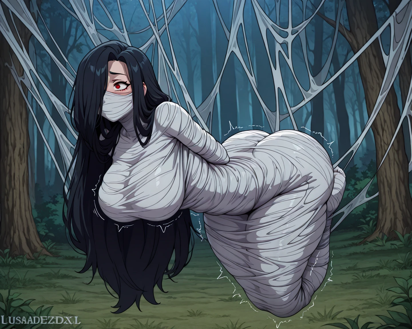 masterpiece, best quality, 1girl, solo, looking at viewer, hinata\(shippuden\), length hair, floating hair，large breasts , breasts out,  (arms behind back:1.4), hanging,spiders in the web,long spider, Hinata, desperate，struggle, entangled, embarassed face, despair,cocoon, blushing face, fucked by spider, spider touching her,(spider touching her), touching nipples, pov spider's leg touching her nipples, silk gagged