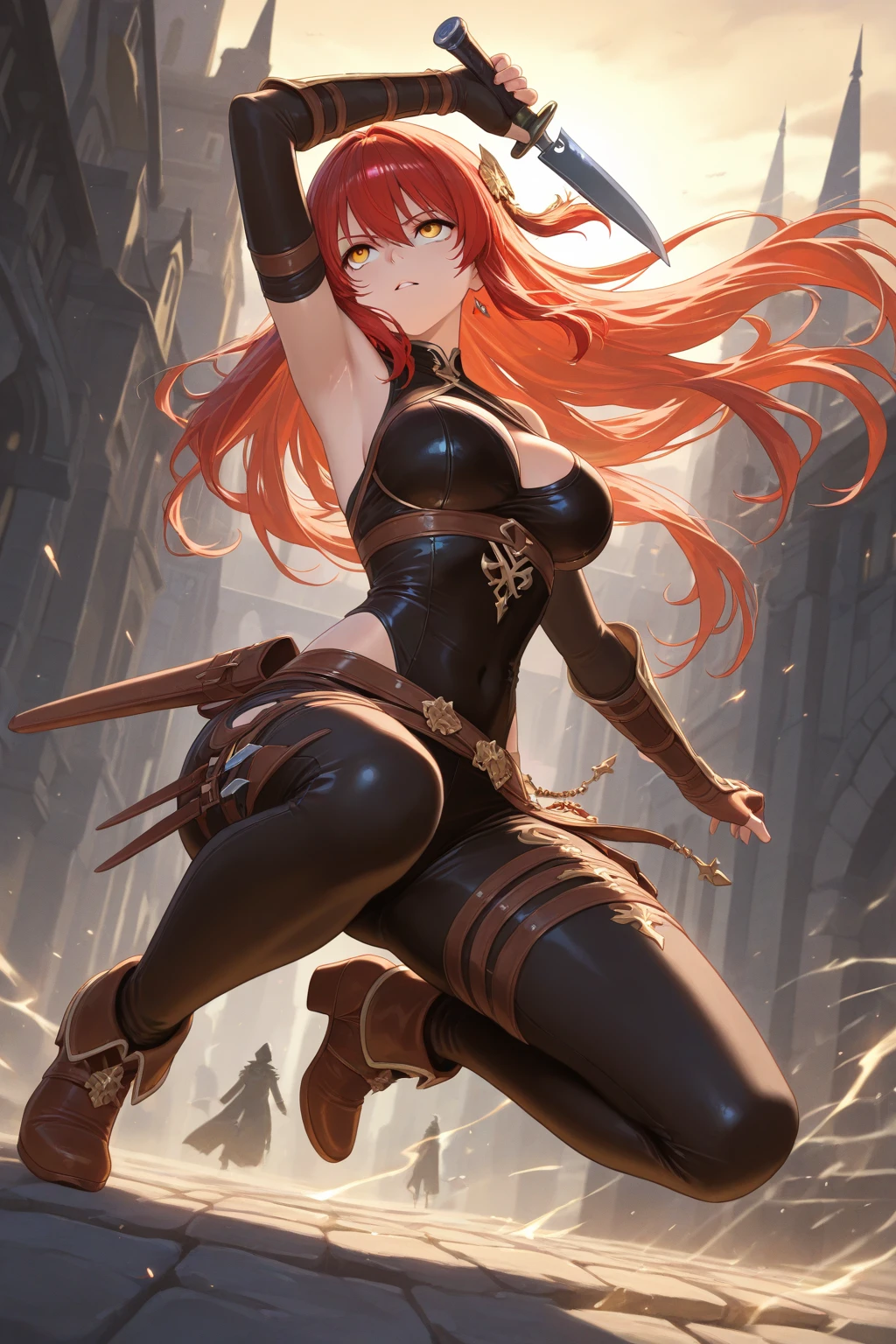 Two characters, a man and a woman, she Professor Sylara Stormblade as a tall, athletic Caucasian woman, with long, deep red hair and bright blue eyes. She is in a dynamic karate kick pose. Her outfit includes tight leather pants and leather boots, He is dressed in a chocolate leather harness., and he is holding her waist tightly. The setting is a mountainous landscape, with the full-length image capturing the energy and style of the action.