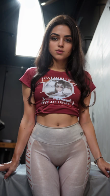 Generate a stylish young woman with short, wavy, gray-white hair parted on the side. She is wearing a pokemon shirt that is exposing her belly and a pair of red sexy underwear. She has black fishnet stockings on her legs and black and white Converse-style sneakers with red socks. The character's accessories include a simple black choker around her neck and a silver ring on her right hand. in her right hand she is holding red pokemon ball. She is using her left hand to play with her hair. The background should suggest an indoor environment, like a cozy room with a bookshelf filled with colorful books and modern decor. Her expression is neutral with slightly raised eyebrows, giving her a calm, casual demeanor. Use lighting that highlights her outfit and hairstyle, keeping the colors vibrant and the setting well-lit.The character should be depicted with a flirtatious expression: a playful smile, slightly raised eyebrows, and a subtle, confident tilt to her head. One hand should be on her hip, and the other hand could be holding a lock of her hair or lightly resting on her chin. She should be leaning slightly towards a woman out of frame, suggesting interest or attraction. Her body language should be relaxed, confident, and engaging. The setting should remain an indoor room with a cozy bookshelf background."