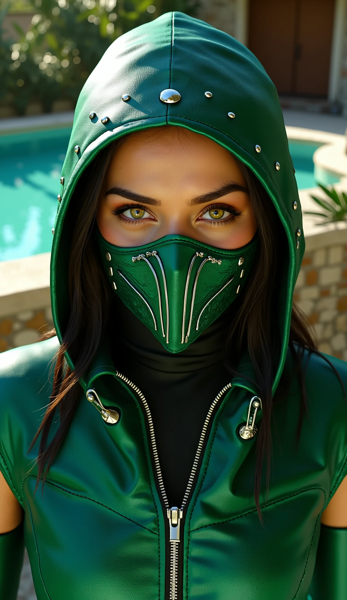 Ana de Armas hyperrealistic jade from Mortal Kombat with her green iron mask with small chrome details in high definition, Only the face in high quality, super realistic background of half a house and the other half a totally luxurious pool and people in 8k maximum quality

