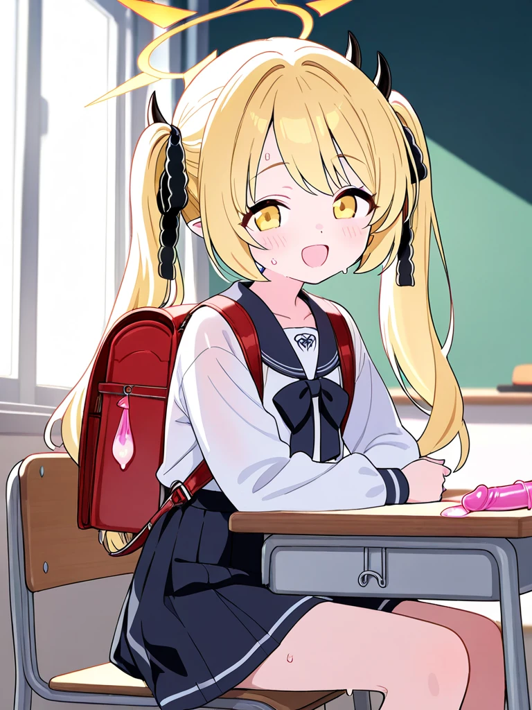 Masterpiece, 8k wallpapepr, best quality, 1girl, HoshinoRuby, <lora:HoshinoRuby>, smile, blush, looking at the viewer, side ponytail, blue school_uniform, (classroom at the background), indoor, white star pupil eyes:1,