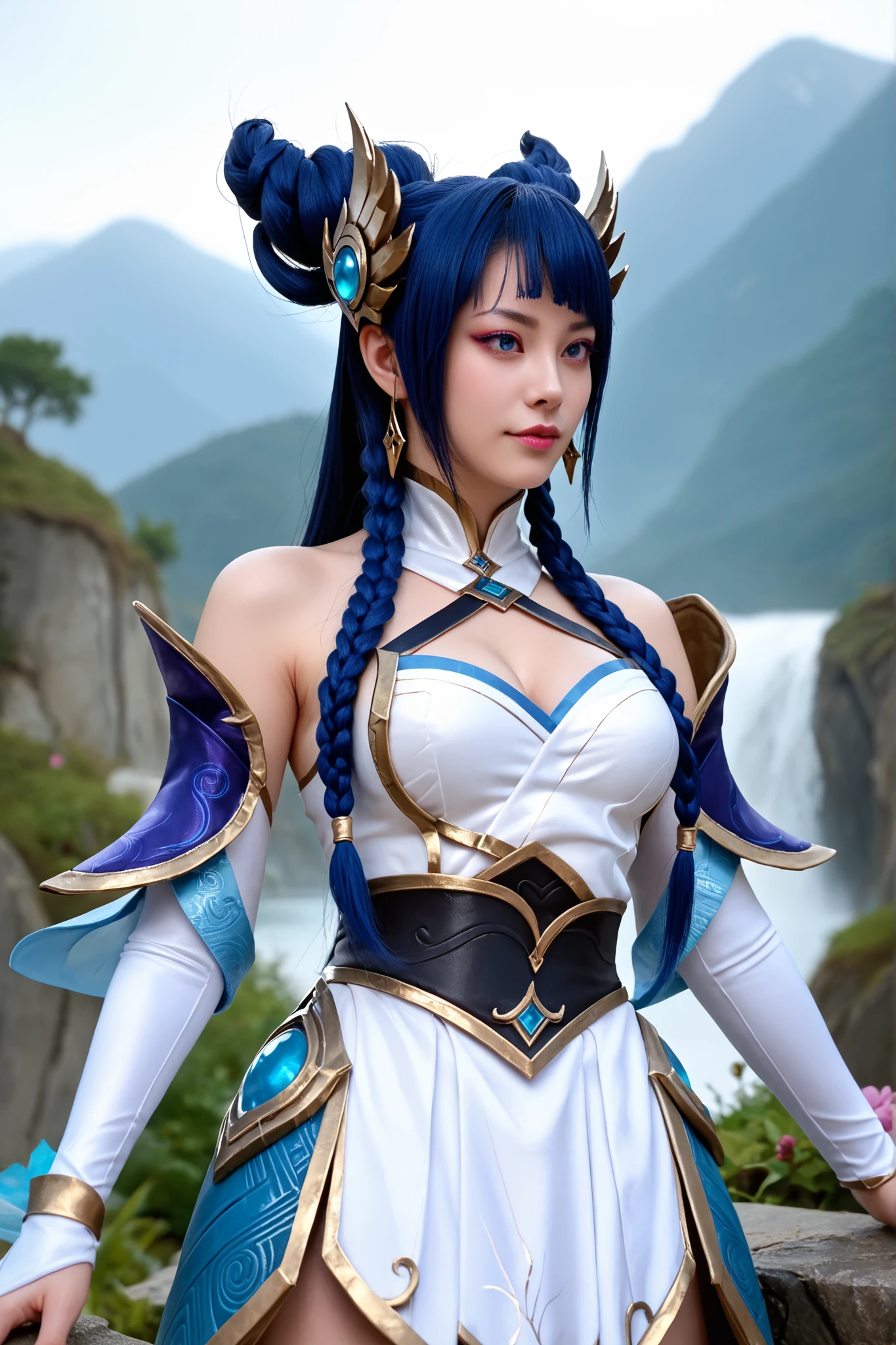 amazing quality, photorealistic, 1girl, IreliaDivineSPXL, The face of Juri Khan, Xinyan, blue eyes, blue hair, long hair, ponytail, twin braid, bangs, hair ornament, big breasts, bare shoulders, cleavage, white dress, detached sleeves, white sleeves, skirt