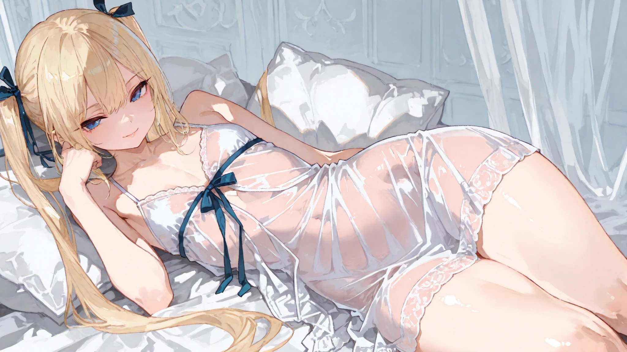 tmasterpiece, Best quality, ultra - detailed, 1 girl, aris, White transparent slip dress, , The halo, on top of the bed, ssmile