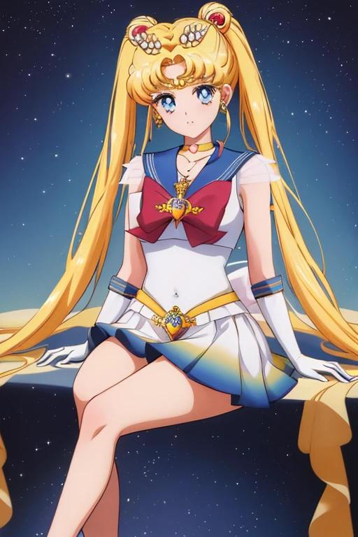 masterpiece, best quality, (1 person), (super sailor moon), (detailed face), face focus, white wall, (on bed), bright room, embarrassed expression, white gloves, detailed eyes, detailed face, love hotel room, detailed background, multicolored clothes, sailor warrior uniform, colorful skirt, hair accessory, red bow, brooch, heart brooch, earrings, crescent moon, heart choker, heart, mini skirt, very long hair, back bow, crescent moon earrings, tiara, yellow choker, boots, knee boots, red footwear, (large upturned skirt), shorts visible, upskirt, (detailed panties), large visible panties, sitting on bed, (white panties: 1.5), (fully exposed panties: 1.5), (squat: 1.5), Sailor Moon R, Super Sailor Moon, (panty shots), (upskirt)