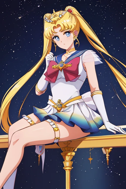 masterpiece, highest quality, (1 person), (Super Sailor Moon), (detailed face), face focus, white wall, (on bed), bright room, embarrassed expression, white gloves, detailed eyes, detailed face, love hotel room, colorful clothes, sailor warrior uniform, colorful skirt, hair accessory, red ribbon, brooch, heart brooch, earrings, crescent moon, heart choker, heart, mini skirt, very long hair, ribbon on back, crescent moon earrings, tiara, yellow choker, boots, knee boots, red footwear, highest quality, high resolution, (detailed and beautiful eyes: 1.3), highly detailed face, meticulous CG, (perfect hands, perfect anatomy), (flipped skirt 1.3), (detailed panties 1.3), bed, (white panties: 1.3), (panties fully visible: 1.3), (squat: 1.3), (spread legs: 1.3), Sailor Moon R, Super Sailor Moon,
