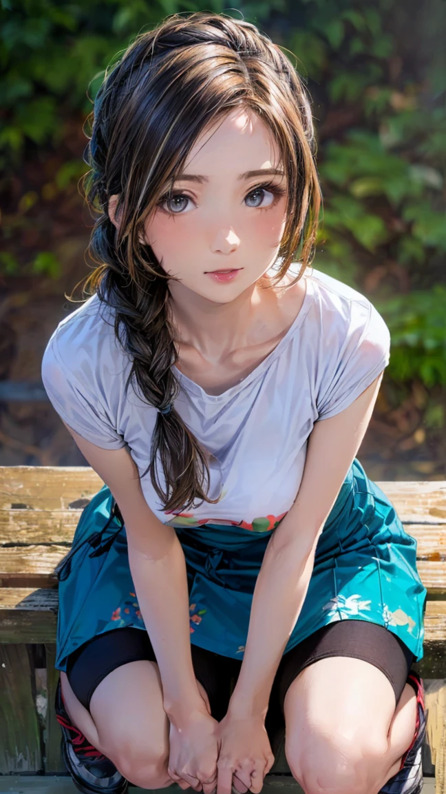 Photorealistic, high-quality 32k photo of a beautiful Japanese girl in a playful sundress, with detailed eyes and a lively smile, sitting on a picnic blanket in a park. She’s wearing a colorful sundress with comfortable flats, her hair in a loose braid. The image captures her surrounded by nature, with a focus on her cheerful demeanor and the peaceful greenery around her.