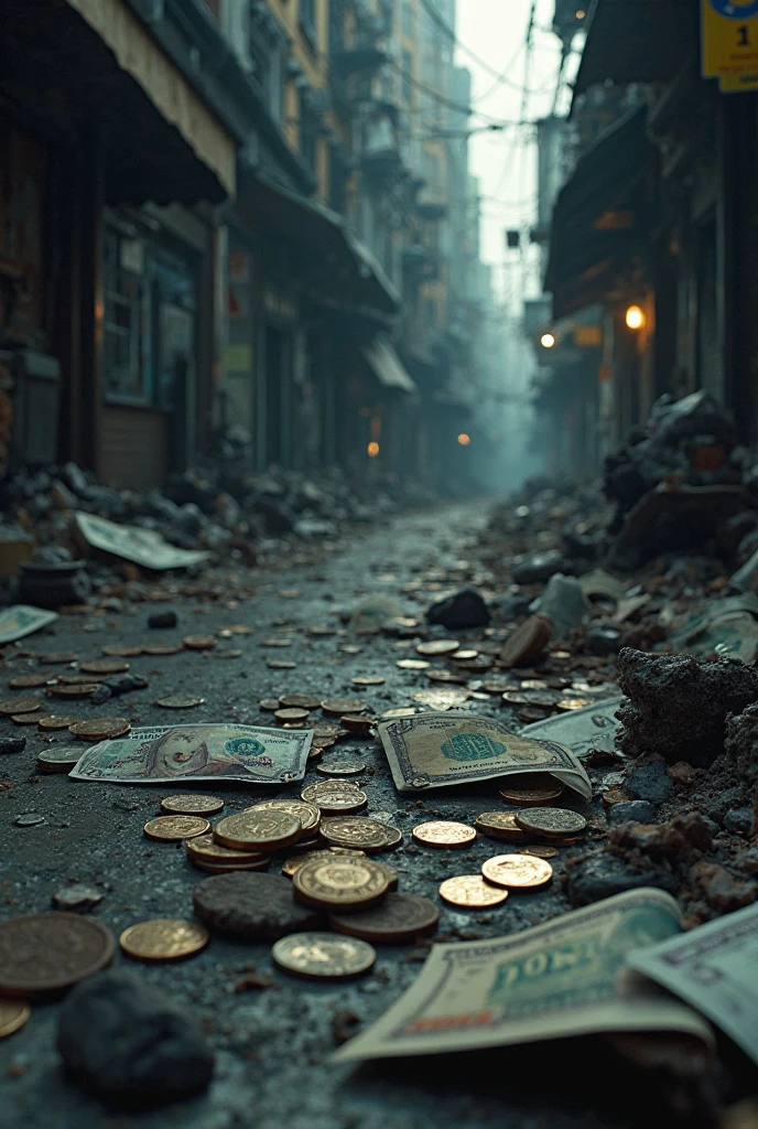 hyperinflation、The Great Recession、Banknotes lose their value、Money becomes garbage、Banknotes are scattered a little on the street，(((Ruined city)))、dark ambiance、