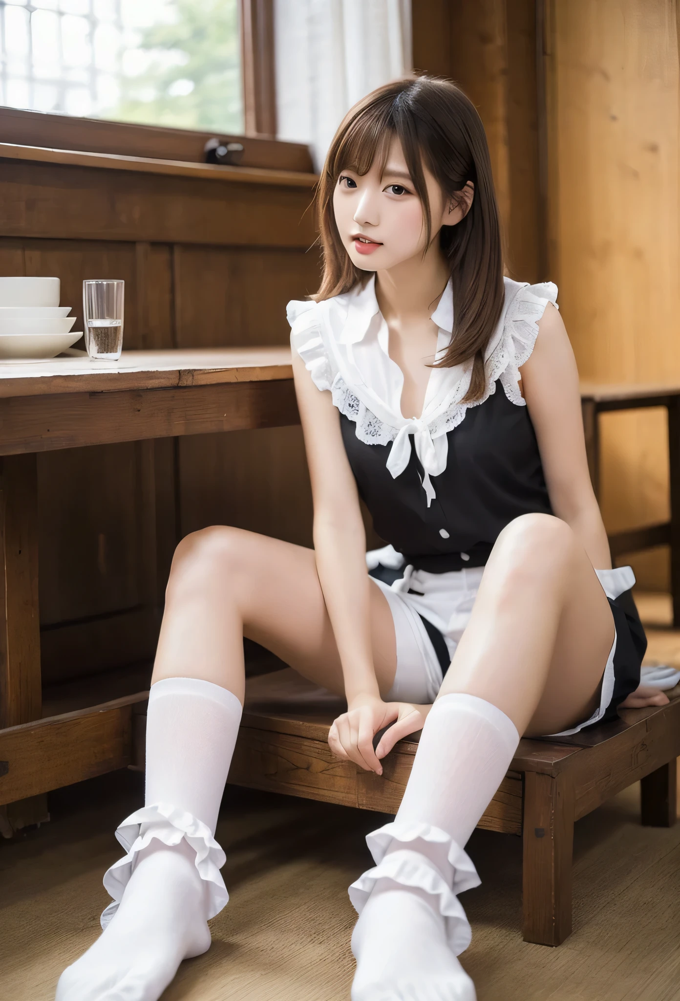 (8k, RAW Photos, Highest quality, Tabletop:1.2), High-resolution RAW color photos, Professional photography, Cowboy Shot, (Realistic, Like the picture:1.37), ((Highest quality)), 25-year-old woman, Cinematic Light, (Detailed painted face:1.2), (Tabletop:1.5), (Highest quality:1.2), (Mole:0.5), (smile:0.9), (View your viewers:1.2), Hug your feet, squat, Crumpled white panties, Camel Toe, bow tie, (Maid Details:1.2), Browsing Caution,(Panty shot:1.5)
