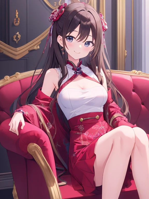 chizuru, 1girl, solo, long_hair, breasts, looking_at_viewer, blush, smile, bangs, large_breasts, brown_hair, red_eyes, dress, cleavage, bare_shoulders, brown_eyes, jewelry, medium_breasts, sitting, closed_mouth, thighs, sleeveless, bracelet, clothing_cutout, bare_legs, sleeveless_dress, red_dress, cleavage_cutout, crossed_legs, throne