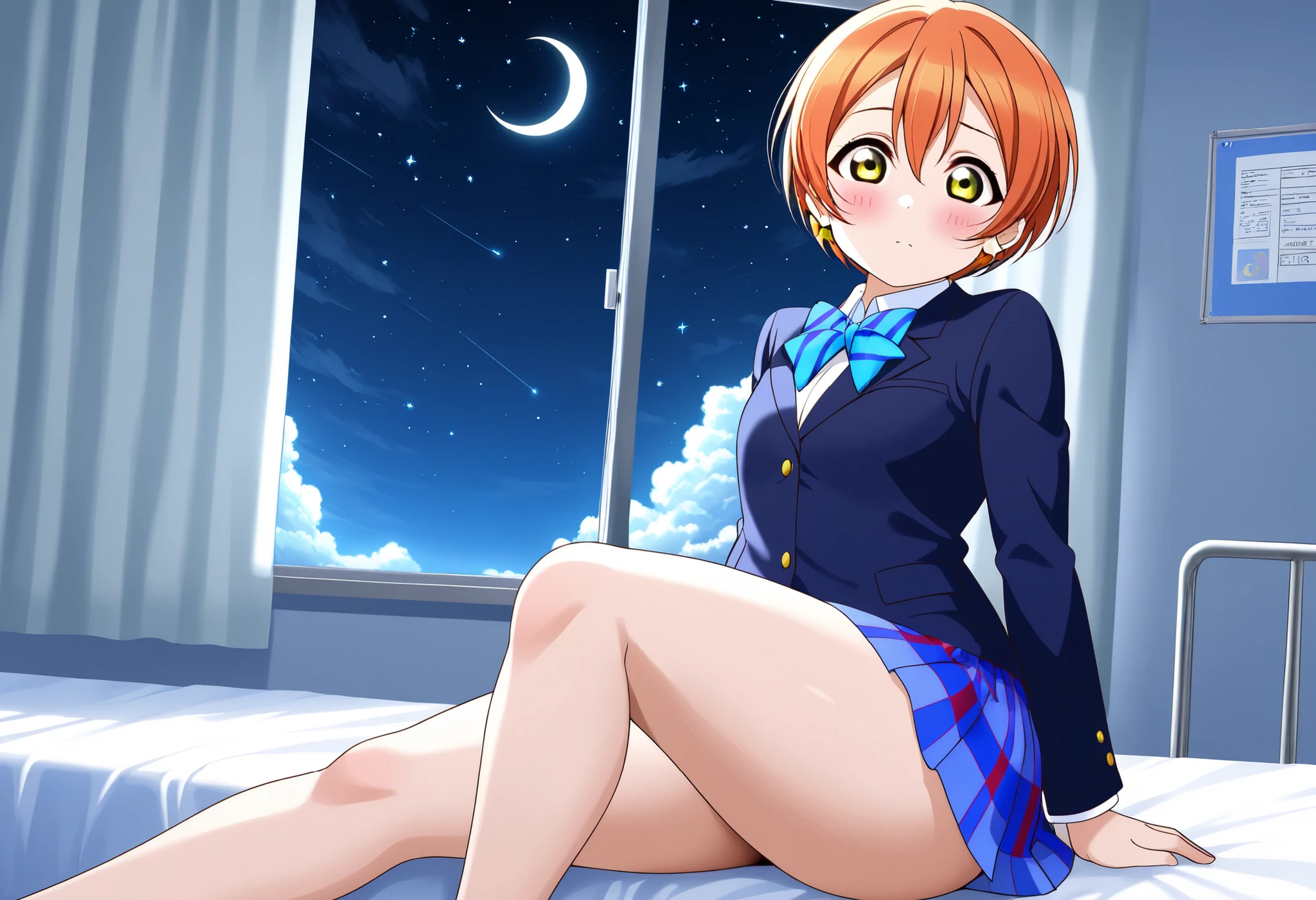 masterpiece, (best qulaity:1.3), 8K, wallpaper, depth of field, beautiful detailed eyes, (1girl, kousaka honoka, yellow hair bow, orange hair, blue eyes, (bed), (lying, on stomach:1.3), looking at viewer, (((completely nude))), medium breasts, indoors, smile ass, (blush:1.2), (night sky:1.2), city lights , window, indoors, solo focus) <lora:ponk:0.5>