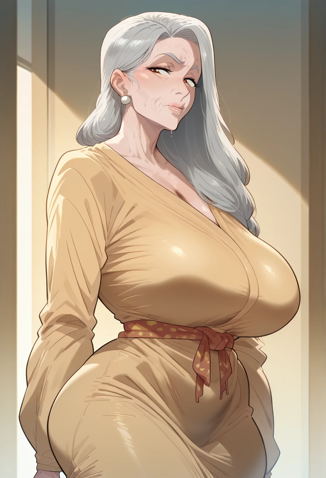 portrait of a 70-year-old woman with long gray hair, seductive gaze, brown eyes, some wrinkles on her face, completely naked, showing nipples and pussy, giant sagging naked breast, 32k, thigh legs, cleavage , beautiful and perfect abdomen, perfect shaped body,