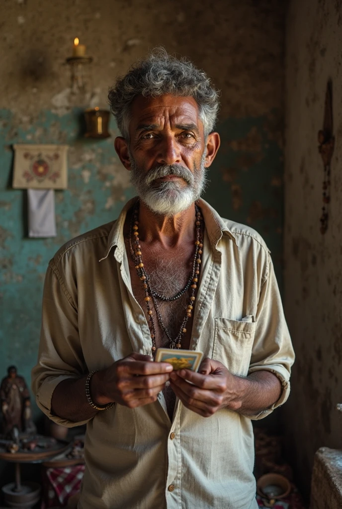 old Indian man depilating his jaw using golden earrings and a gold chain in the shape of a snake but with a human face,at his feet a golden disc