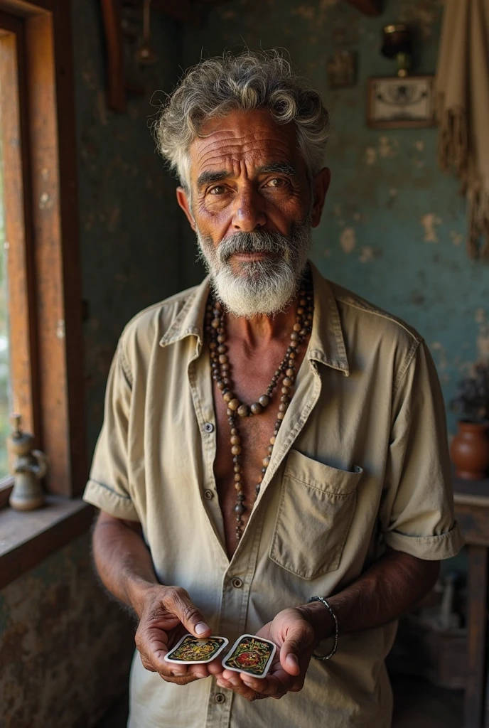 Brazilian elderly man running a spoon over his spine