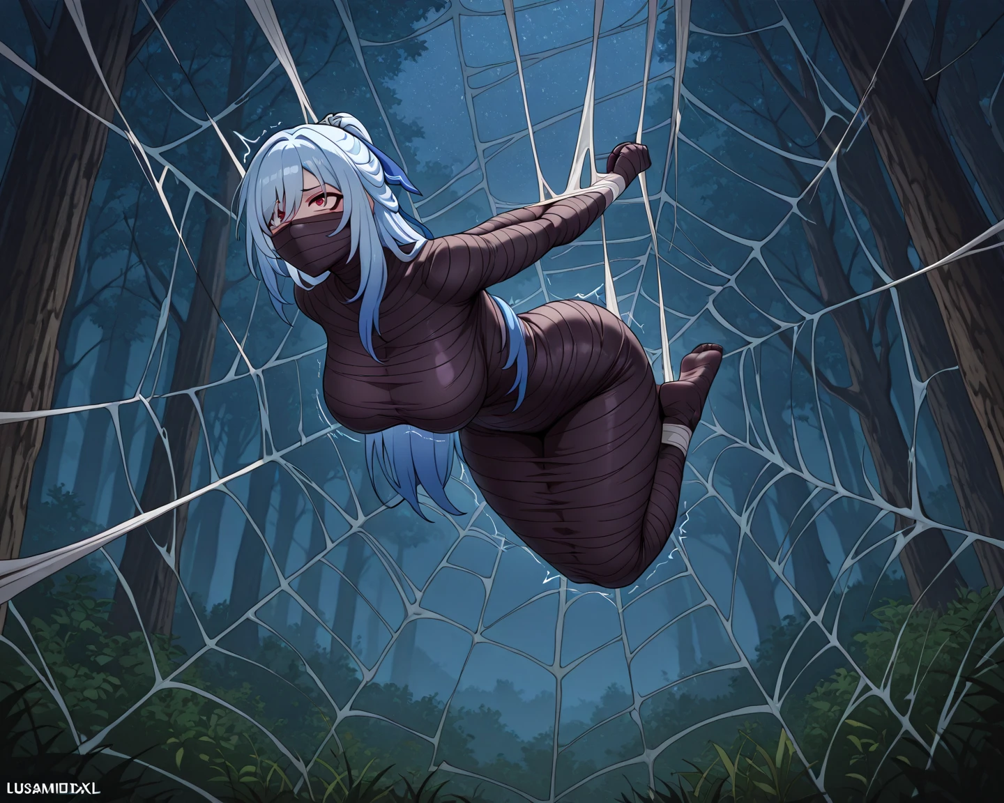 beautiful, (masterpiece:1.2), (best quality:1.2), close up, focus on face, (1 woman: 1.7 )), blue colored hair, (bob cut), ( center part), ((thick hair)), in her 20's, sexy, spider web, tied up, cocoon, bound, ((gagged: 1.4)), (slime) gag, silk, ((arms bound behind back: 1.4)), frightened expression, hyperdetailed face constrained movement, restricted mobility, desperate struggle, bondage, terrified eyes, cobwebs, detailed spiderweb texture, tangled web, gooey silk strands, ((she is captured by a spider, binding her in webbing: 1.4)), slimy, detailed fangs, sharp fangs, detailed, legs, detailed spiderweb texture, High resolution, very clear, ultra realistic, (((16k, cg, masterpiece))), ultra detailed background, del, from side, atmospheric perspective, from above, super detail, best quality
