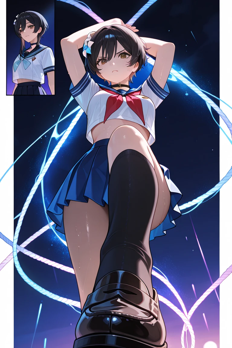 (masterpiece), (best quality), actual, Cinematic light, Ami Mizuno, Sailor Mercury, Standing, battlefield background, Perfect body, blue hair,   