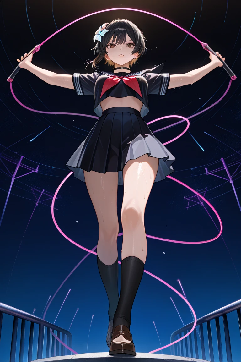 Rhythmic Gymnastics、Baton、Straddle the Baton、black、Cute pose、Thong、(Dynamic Low Angle)、Off the shoulder、Micro tights、Chirarizum、#quality(8k,Very detailed CG unit wallpaper, masterpiece,High resolution,top-quality,top-quality real texture skin,Surreal,Increase the resolution,highest quality,Very detailed,NSFW Wallpapers,Cinematic,Golden Ratio), break ,(girl、naked、nude、Pussy、Nipples、Sexy pose),#1 Girl(black hair、Braiding、ponytail,whole body),#background(night,Starry Sky,Townscape ),From the other side