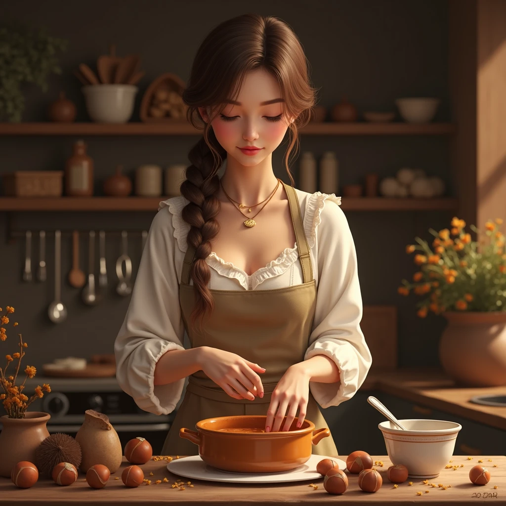 masterpaintings,Highest quality,high-definition,8K,oilpainting,painting of a woman in a dress holding a plate of food, painterly brushwork, in a oil painting style, digital oil painting, inspired by Richard Schmid, painterly style,Detailed description of facial features,Detailed details