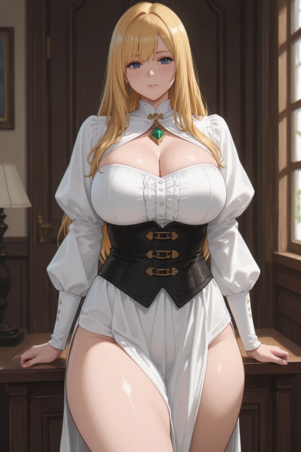 Sophisticated elf woman, steampunk, dress , in a country manor, muted colors, sephia filter, mature, well endowed bust, Victorian era, detailed eyes, well bred, refined lady in waiting, bare headed, long blond hair, emerald green eyes , long full length skirt, blouse, underbust corset, taller then camera, milf, leather corset, embroidery on clothes, matured woman, sexy, powerful, white ribbed blouse, red dress with gold accents, elegant refined beauty, motherly, maternal, loving, protective, plump, thick, thicc, thicker, full skirt, conservatively dressed 
