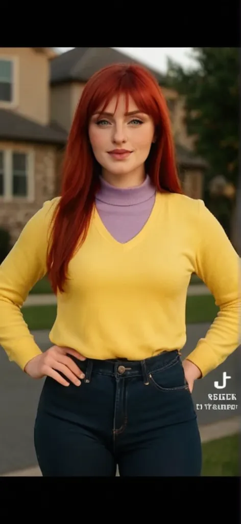 l3ur3h, high quality ,upper body, nature, outdoor, smile, Colorful dress, turtleneck, 90s style, Soft and sweet features, jeans, Short hair, intricate