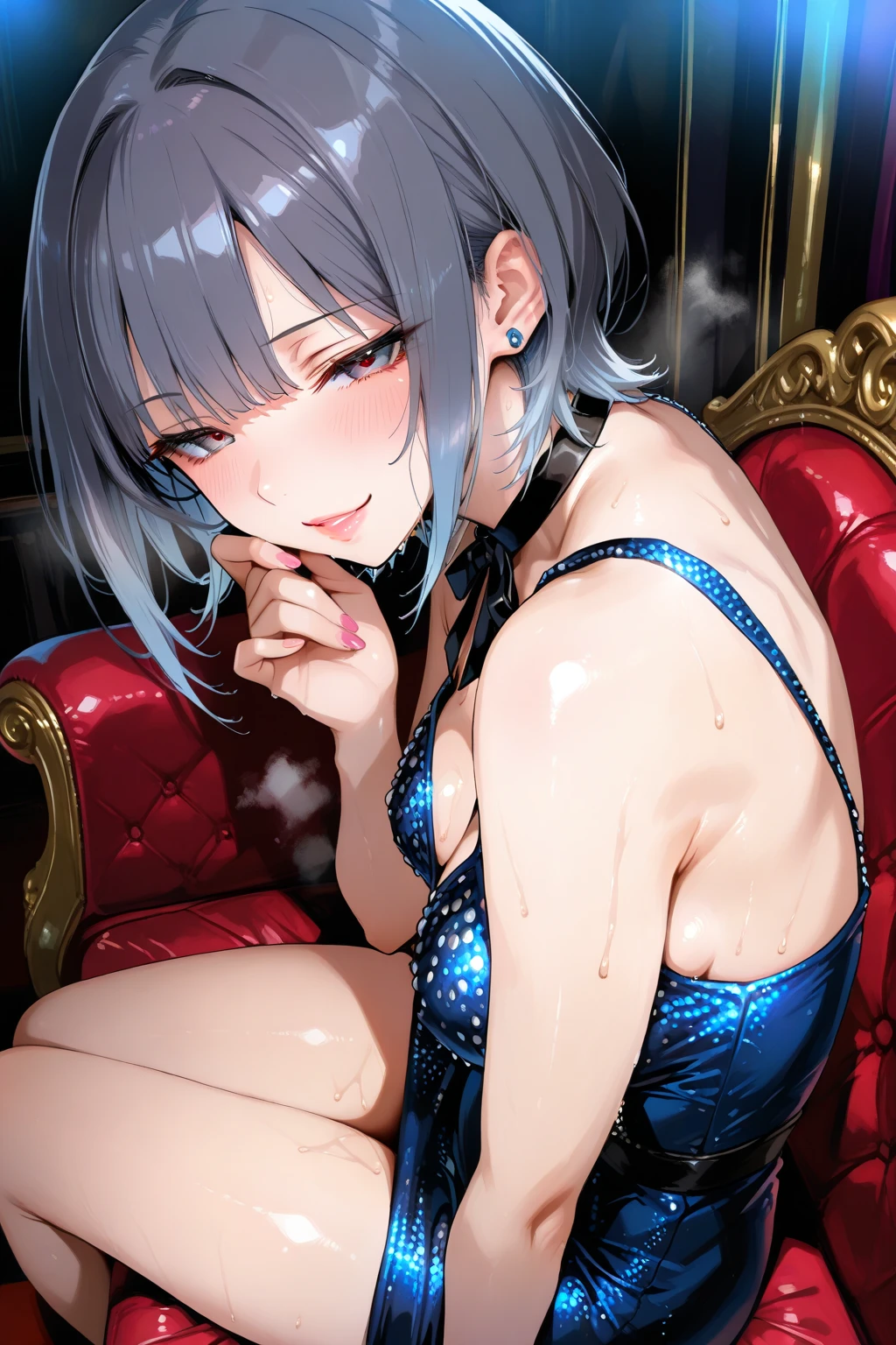 nsfw,(super fine illustration,8K CG wallpaper,best quality,extremely detailed,ultra high res,best aesthetic),(cowboy shot,from front),idolmaster, {{{anastasia}}}, (16yo, beautiful girl),(beautiful blue eyes), (beautiful silver hair), ((((extra short hair)))), ((spiky hair)), (((mullet hairstyle))), (wet hair), (wet skin), (sweat), (steam), (flat chests,midium breasts),((slender)),(blue idol dress),((See-through)) ((nudity:1.4,topless:1.4,bottomless:1.4,expose breasts, breasts out)),((((pubic silver hair:1.4))), ((live stage,Spotlight:1.2)), ((((spread legs)))),(standing split),(open mouths), (shyness), (out tongue:1.2),(feel good), (one eye closed:1.2),(((sex,cowgirl,pov))),(happy smile, upper_body),(cum shot:1.2),(bukkake:1.5),(cum on face:1.5),(cum on armpit:1.3),(ecstasy face:1.5),(peace sign:1.3),(looking at camera),