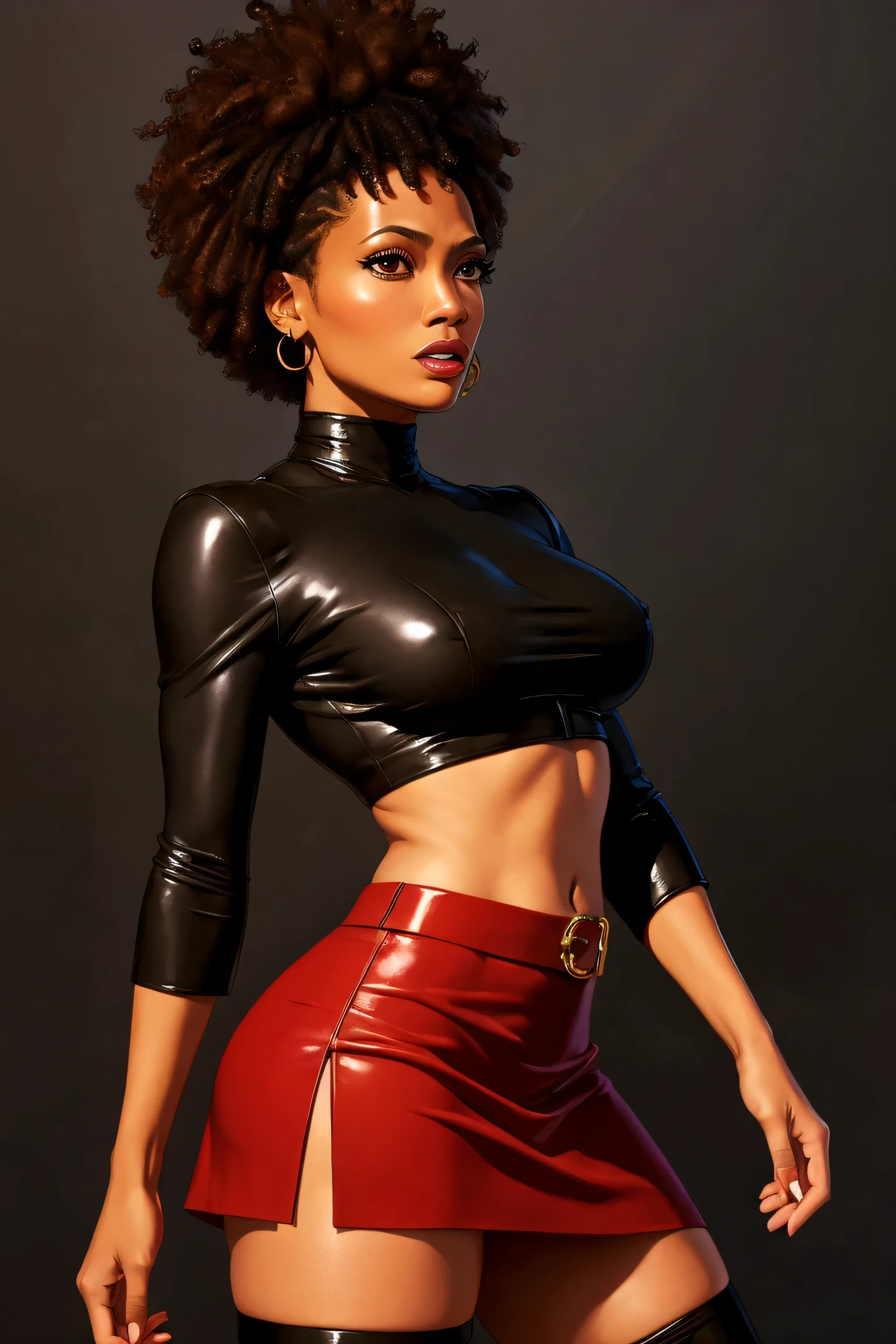 short indian girl, 18 years old, baby face, tight red leather shorts, full body shot, topless, choker necklace, hoola earrings, slim waist, short hair, athletic body, extra large breasts, hugging, high quality, 8k, photorealistic, detailed portrait, cinematic lighting, gloves