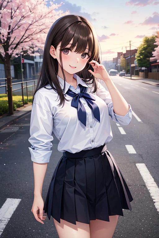 (Highest quality), (so beautiful), (Super detailed), (Best illustrations), Gal, Improve, alone, 1 dog, Rainbow Hair,Long Hair, Messy Hair, Random color eyes, Large Breasts, stripe dress shirt, Pleated skirt,Tokyo,Fancy city,Laughing with your mouth open