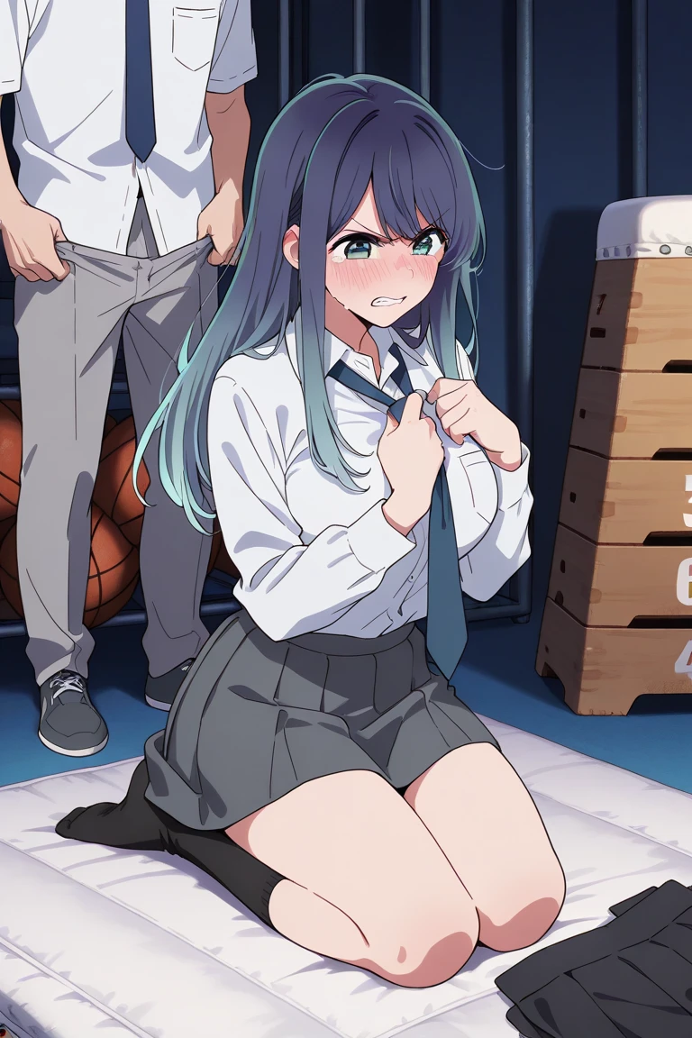 Curvy blue eyed girl with long wavy black hair and small breasts, (cruel_expression):3.0, (erect penis), (futa on male sex):2.5, rape:1.5, (dominant futa):4.0
