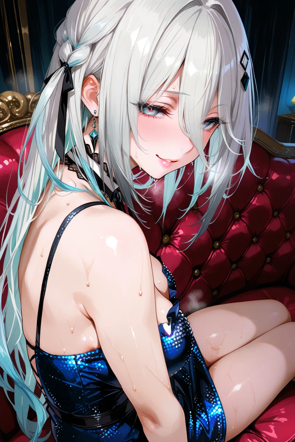 best quality, amazing quality, very aesthetic, absurdres, NSFW, 1girl, chise (blue archive), blue archive, (red eyes), (artist official art:1.5), (realistic face, half closed eyes), (multicolored red horns:1.5), (reverse bunnysuit, reverse outfit, shiny rabbit ears headband, detached collar, bowtie, pink pasties, topless, tight sleeves, (black) puffy long sleeves: 1.2), casino, lying on her side, raise leg, spread legs), (cowboy shot), (game cg:1.3), from above, expressive eyes, perfect face, 4k, extremely detailed anime illustration, extremely detailed eyes, enhanced details, perfect anatomy, light rays, photo background, extremely delicate body, smooth skin, feminine expression, black background, cristal clear eyes, beautiful face,