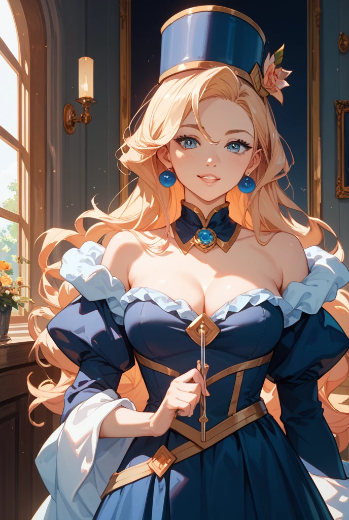 (((Alone))),(((Mature Woman))),(((Blue eyes with golden pigmentation))),(((Long wavy blonde hair))),(((A Shy expression))), (((Pale skin))),(((Wearing medieval clothes))),(((Wearing corset)))