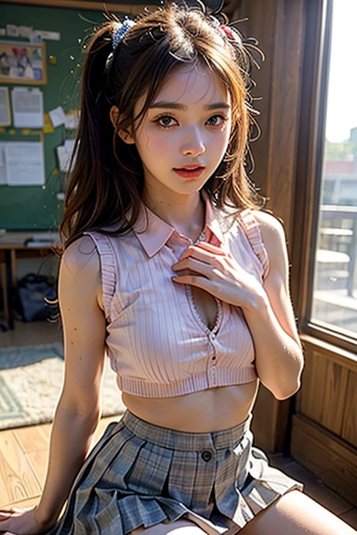 1girl, Amazing face and eyes, (extremely detailed beautiful face), (School uniform, pleated mini skirt:1.3), (Best Quality:1.4), (Ultra-detailed), (Ultra realistic, photo-realistic:1.37), beautiful fair skin, extremely detailed CG unified 8k wallpaper, raw photos, professional photograpy, cinematic lighting, indoors, ((shopping centers)), (Women's underwear department:1.8), (Lots of cute underwear lined up:1.8), stand in front of the mirror and look at yourself,