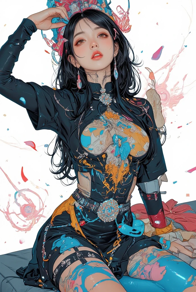 Flat tattoo effect design, Ashley Alexiss Japanese beautiful woman ponytail ultra detailed black hairstyle, (beautiful and clear background: 1.2), fantastic paintings, ultra detailed graffit style, flowers, a t-shirt or dress with a white blouse underneath future ultra detailed gacha, position, stained glass color, fantastic paintings by Joe Madureira, high quality, ultra detailed adhesive art, ultra-detailed beautiful woman, freedom, soul, digital illustration, comic style, perfect anatomy, ultra-detailed large chest, centered, approaching perfection, dynamic, highly detailed, ultra-detailed watercolor painting, artstation, ultra-detailed concept art, smooth, sharp focus, illustration, art by flesh griffiths and wadim kashin,, anime girl pose alone, short pastel hair, heterochromia, perfect anatomy, centered, approaching perfection, dynamic, Highly detailed, character sheet, artstation, concept art, smooth, sharp focus, Illustration, art by Kim Jung Gi, Alphonse Mucha Style, Artgerm, Flesh Griffiths and Wadim Kashin, Sasha Yakovleva, Loish, Jeremy Mann, Full Body Shot Dresses Party Ultradetailed, Character Sheet, Lightningwave, Beautiful Anime Watercolor Painting, Paint Dripping by Tim Okamura, Victor Nizovtsev, Greg Rutkowski, Noah Bradley. trend in artstation, 8k, masterpiece, graffiti painting, fine detail, full of color, intricate detail, golden proportion, maximum colors, illustration, monochrome green background, masterpiece, best quality, high quality, highres, best quality, high resolution correction, amazing bright lighting, detail enhancement, detail enhancement, various movements and pose, best quality, high quality, highres, detail enhancement, fantastic atmosphere, hyper quality, anime, , fantastic paintings, 4k, masterpiece, highres, absurdres, natural volumetric lighting and best shadows, depth of field, sharp focus, 4k, masterpiece, highr