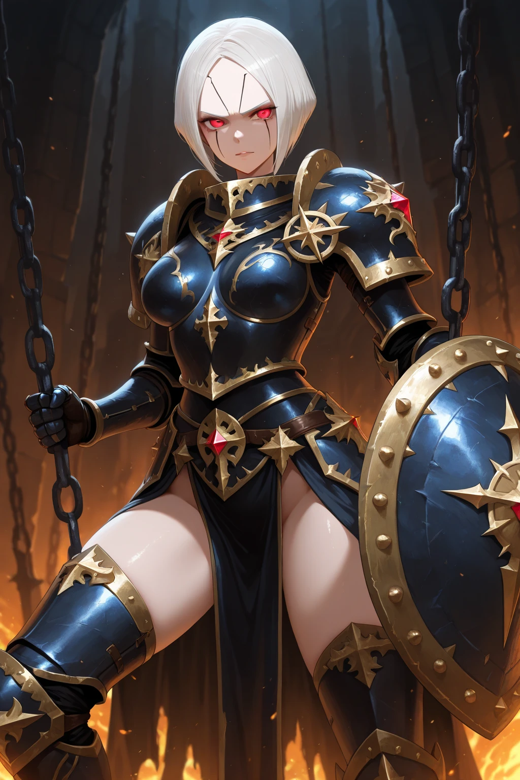 (Masterpiece, best quality, high resolution, perfect anatomy), (extremely detailed face) (beautiful detailed eyes), (1 woman),(dark skin:1.2), (blond short hair, with a asymmetrical bob), tall stature, (toned, slender), huge breast, (blue eyes), (black triangle bikini, micro bikini, Low Rise Bikini), Armature, looking at viewer, (smile:1.2)(happy:1.2), perfect lighting, cinematic lighting, dynamic lighting, sunny, dejected posture, open mouth, (skin fang), (spread legs:1.2), (sit astride), (girl on top),(Fantasy-style black knight commander's cloak), (worn black iron leg armor)
