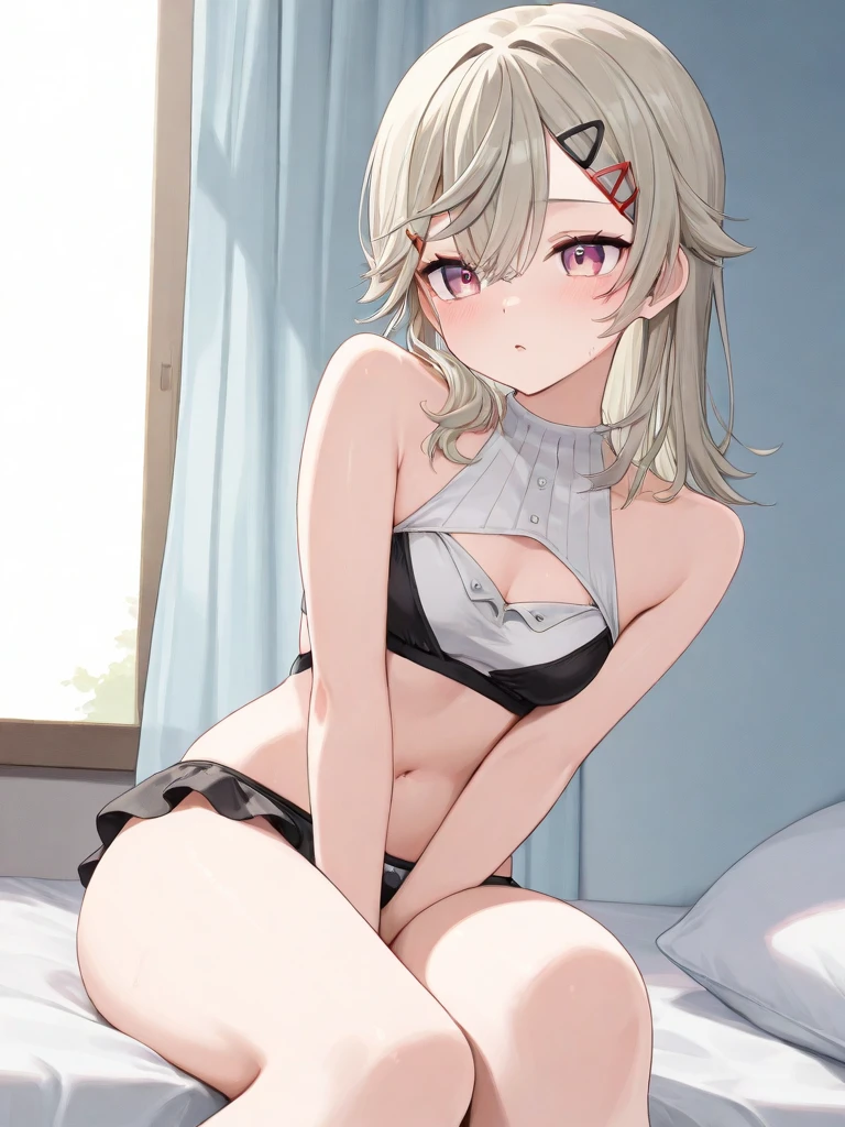 masturbation, ((pussy juice)), (Highest quality, High resolution, Very detailed), Silver Hair, Super short hair, Reddish brown eyes, lace thong, Large Breasts, lie on own back, overhead shot, spread legs, necklace, 24th generation, Beautiful woman, mature, quiet, A small smile, Calm, bed,